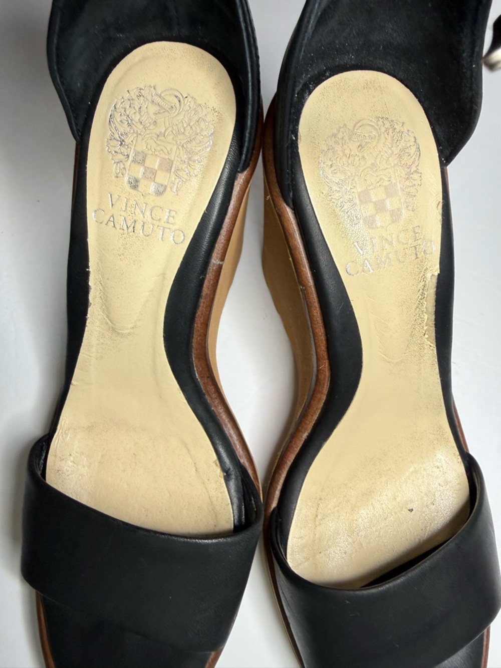 Vince Camuto Black Leather Ankle-Strap Wedge Sandals - Picture 3 of 7